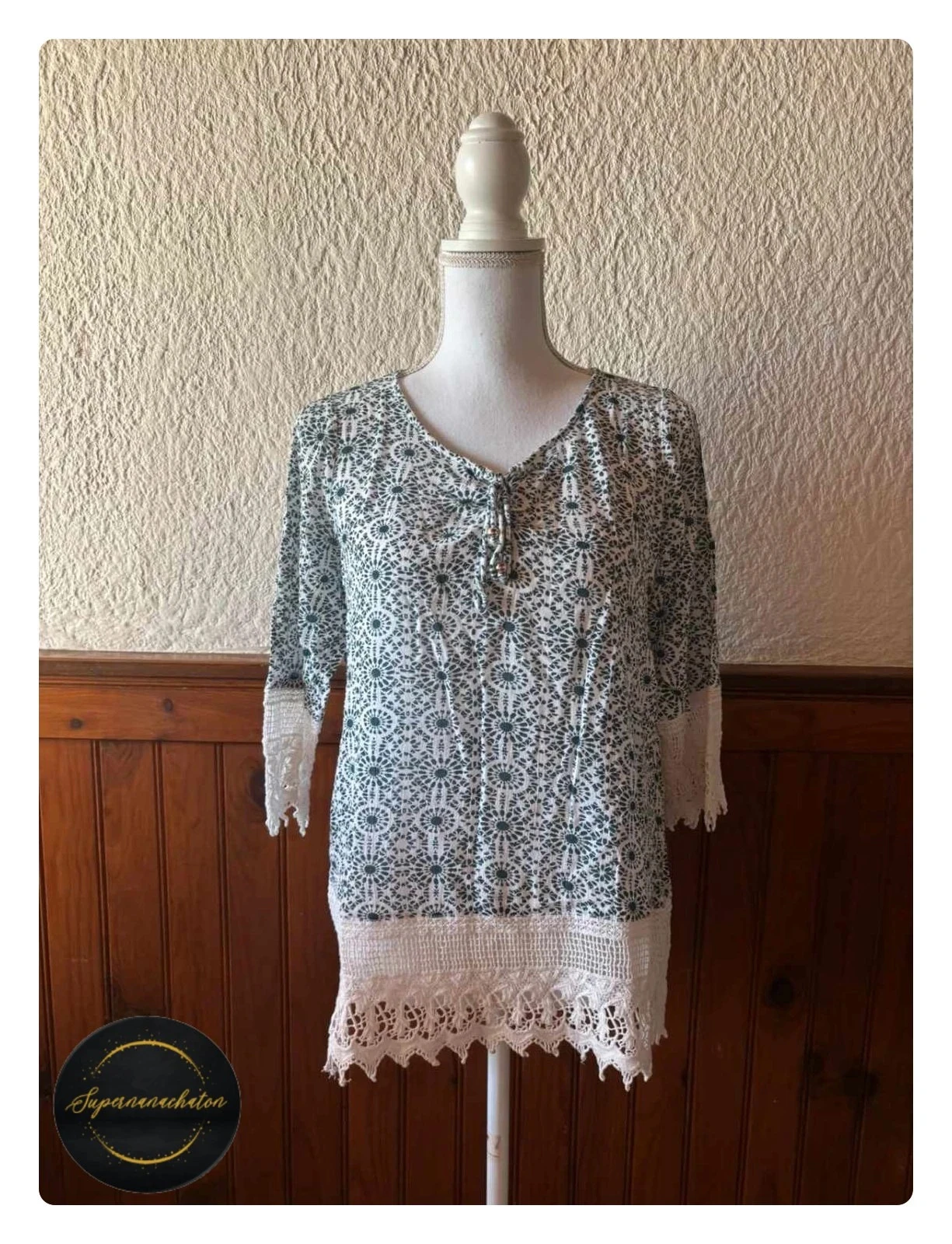 Tunique Bleu et Blanc Phildar Style Boho / Dentelle - Taille M / 38